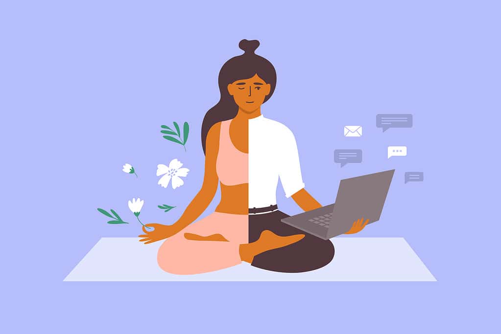 vector illustration of work life balance concept with business woman meditating on yoga mat holds laptop and flower in hand